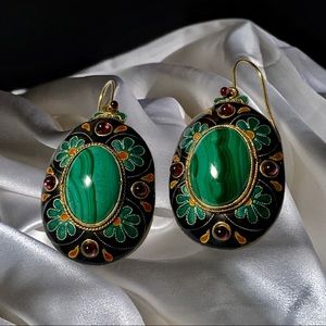 Vermeil Enamel Malachite & Garnet Cab Earrings
